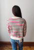 A person viewed from behind wearing a striped knit sweater with red, black, and white horizontal stripes, paired with blue jeans, standing against a plain light gray wall.