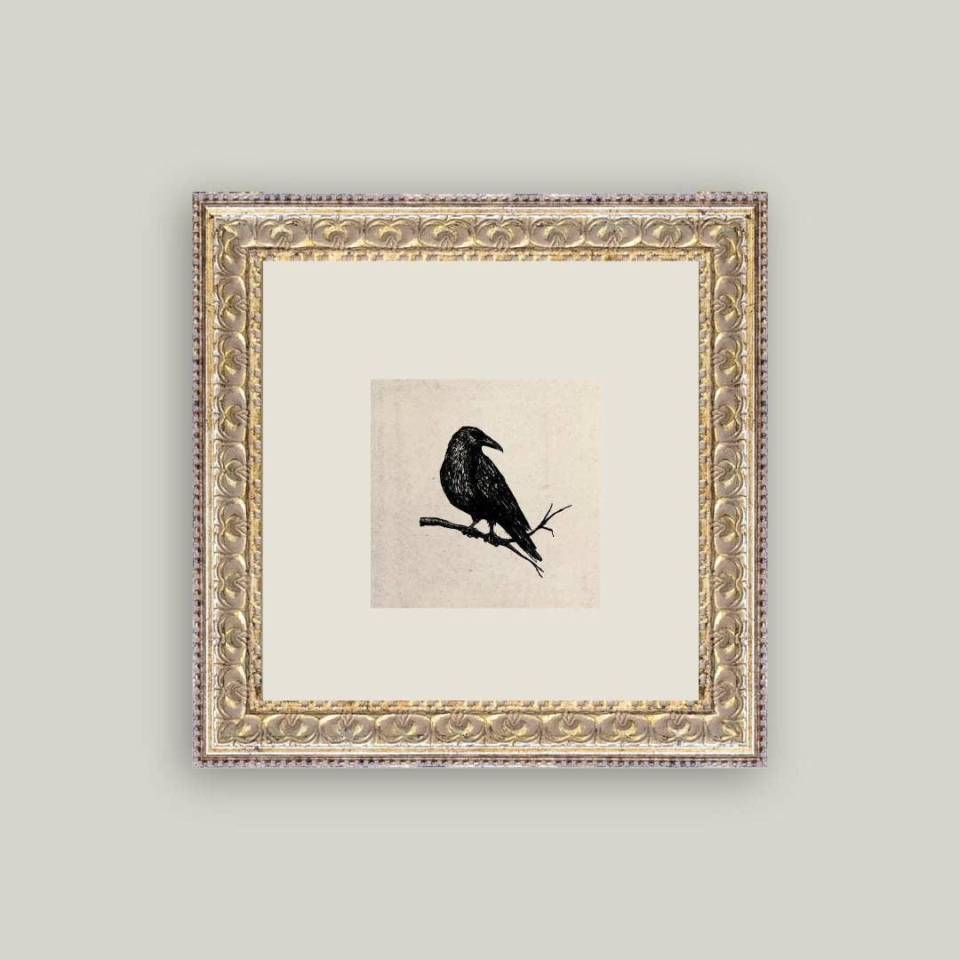 Framed artwork of a black bird on a branch against a light background