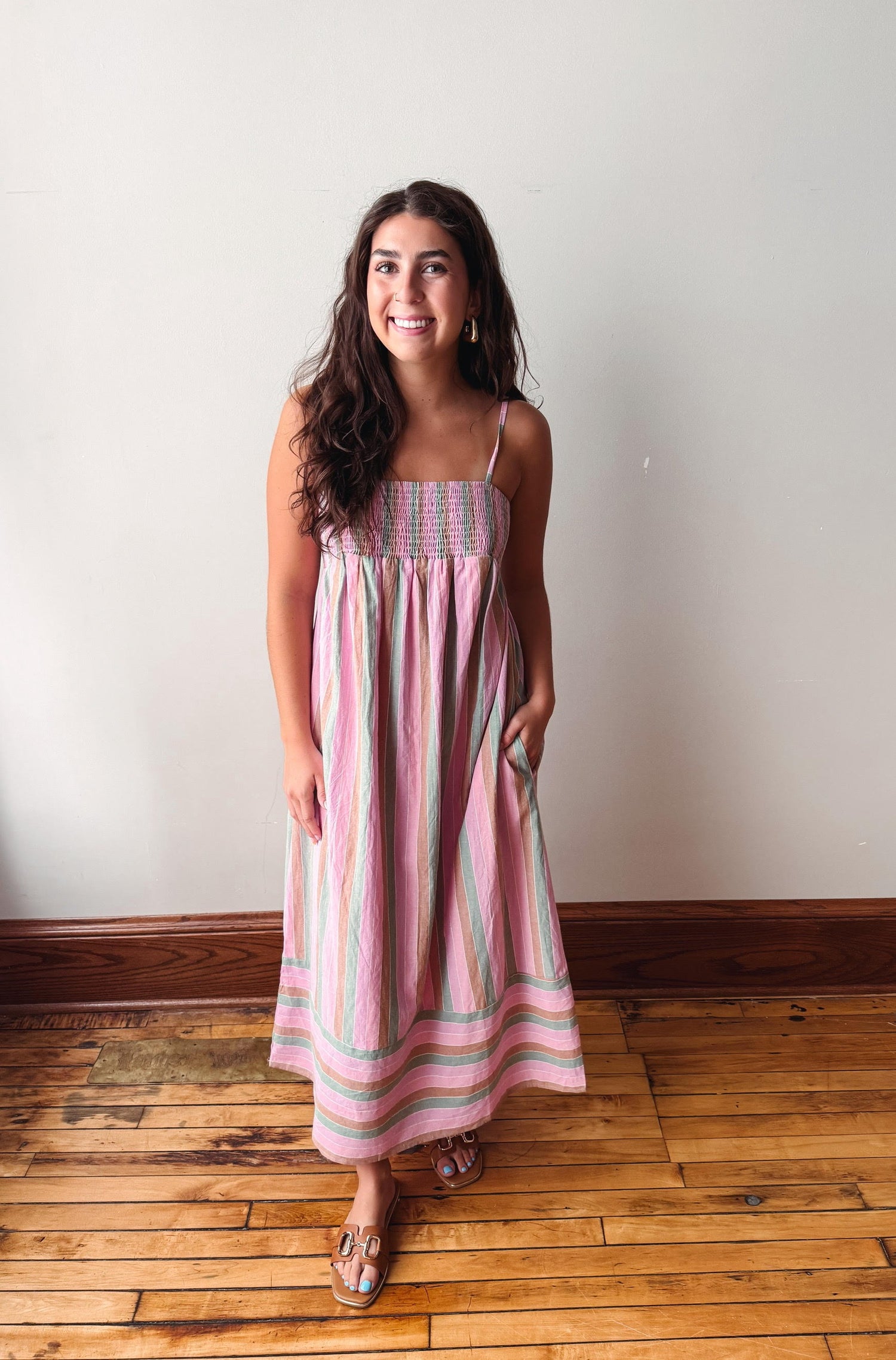 Pink + Green Striped Midi Dress Small
