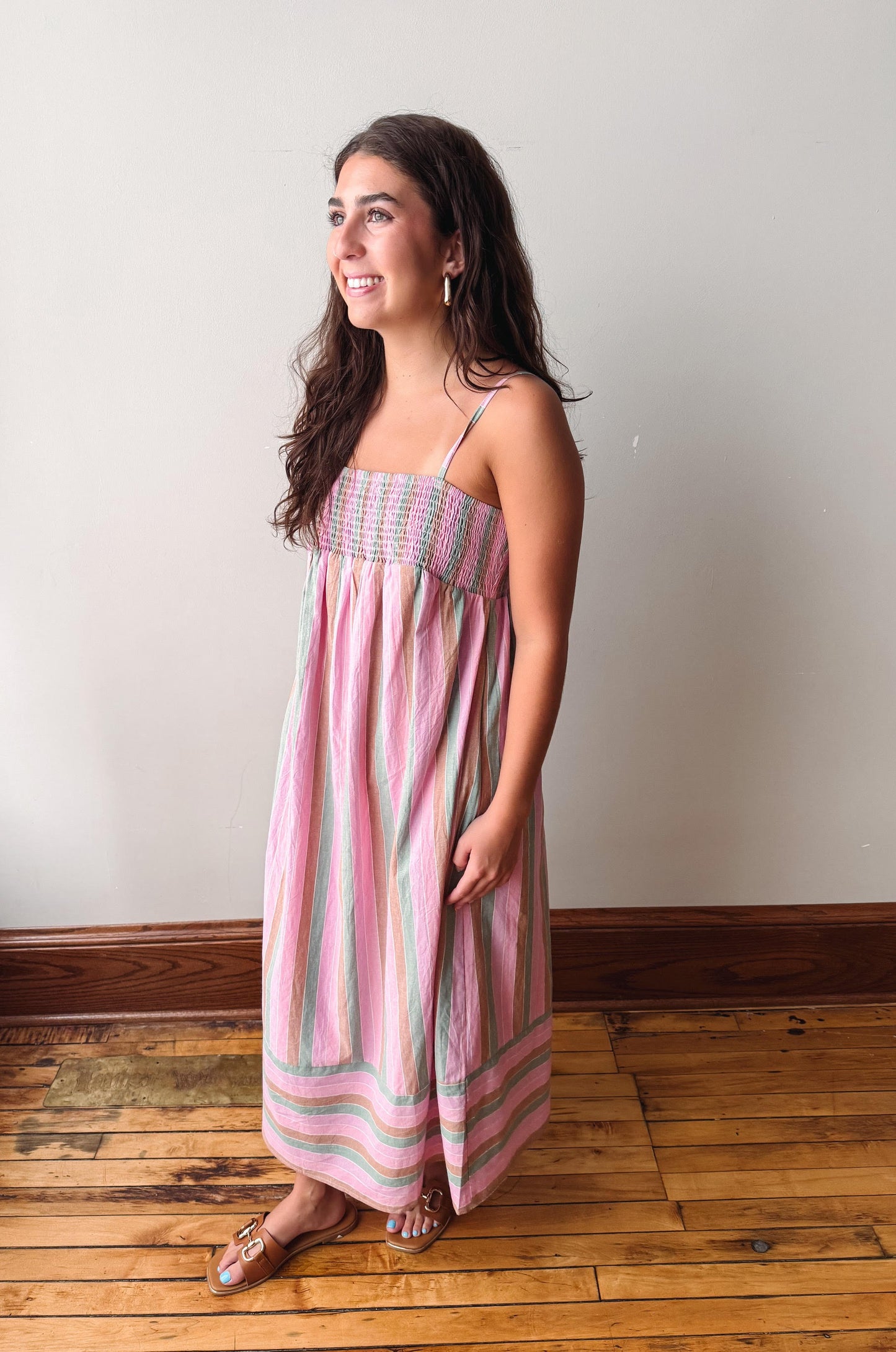 Pink + Green Striped Midi Dress