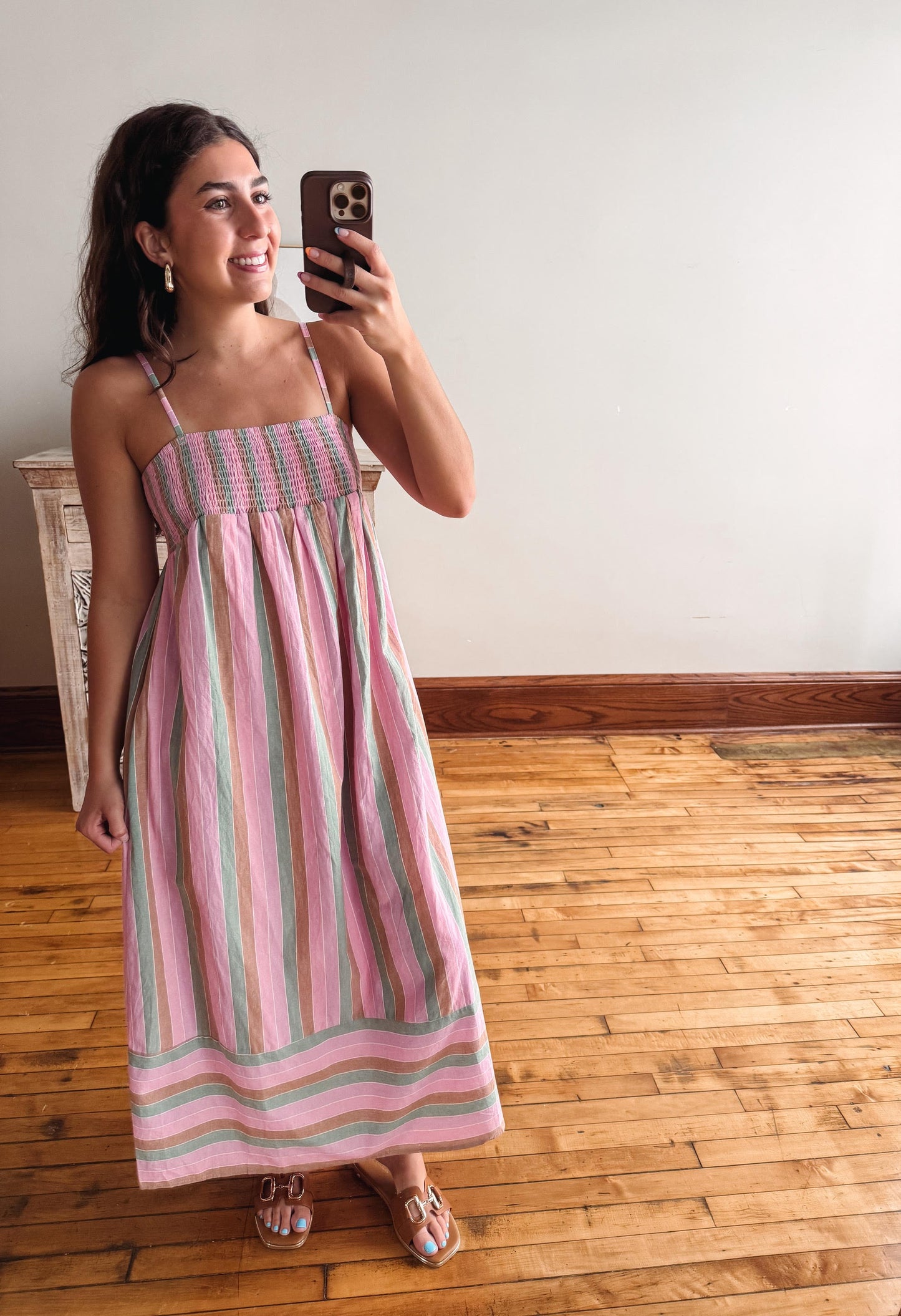 Pink + Green Striped Midi Dress