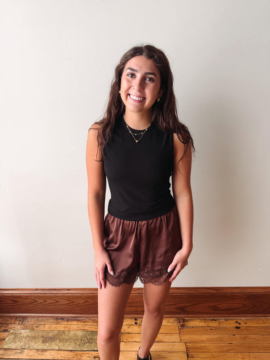 Espresso Satin Lace Shorts