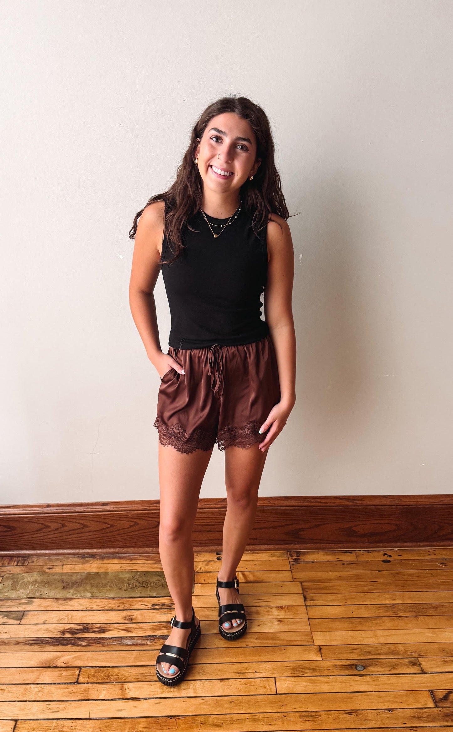 Espresso Satin Lace Shorts