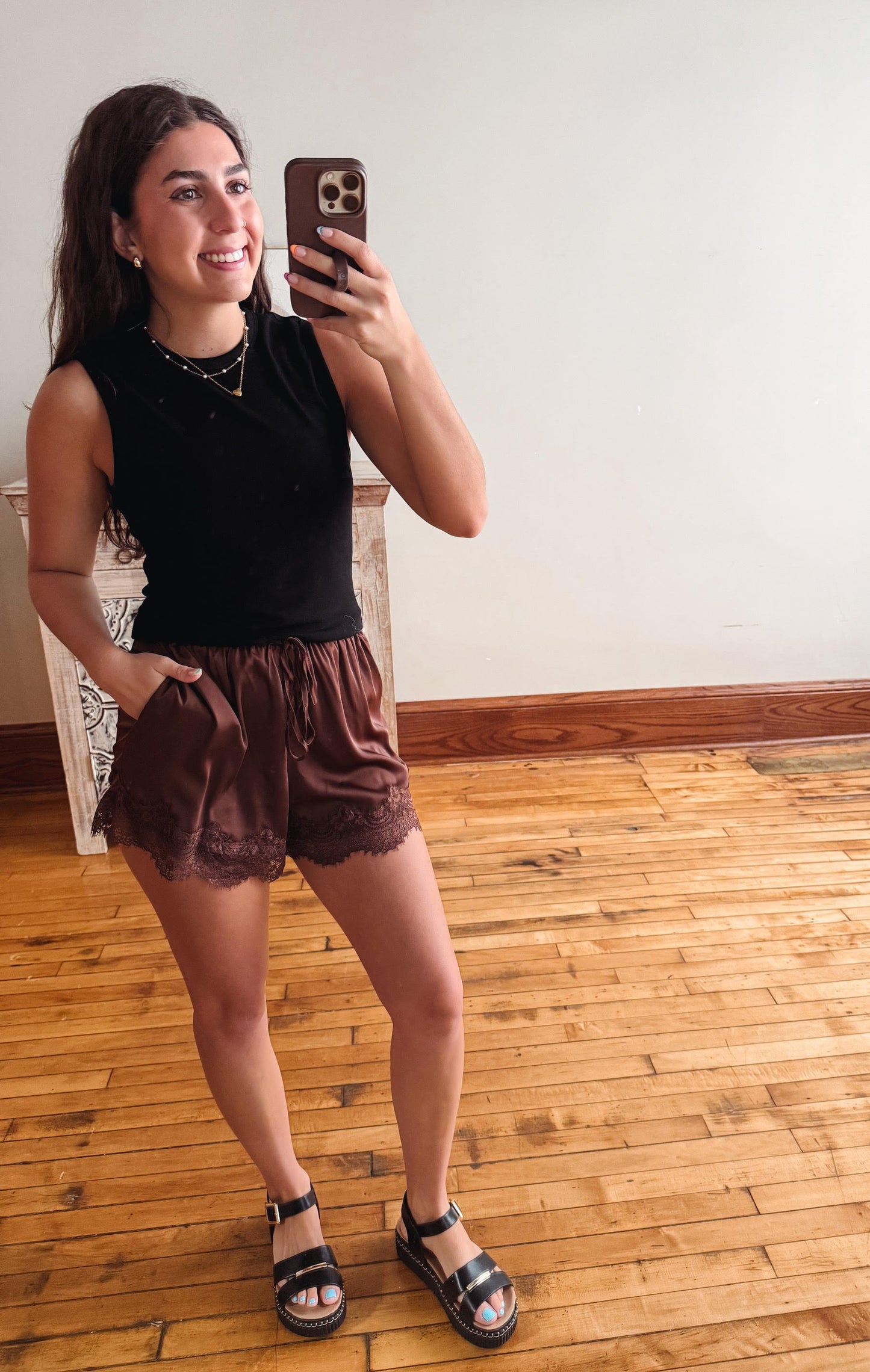 Espresso Satin Lace Shorts