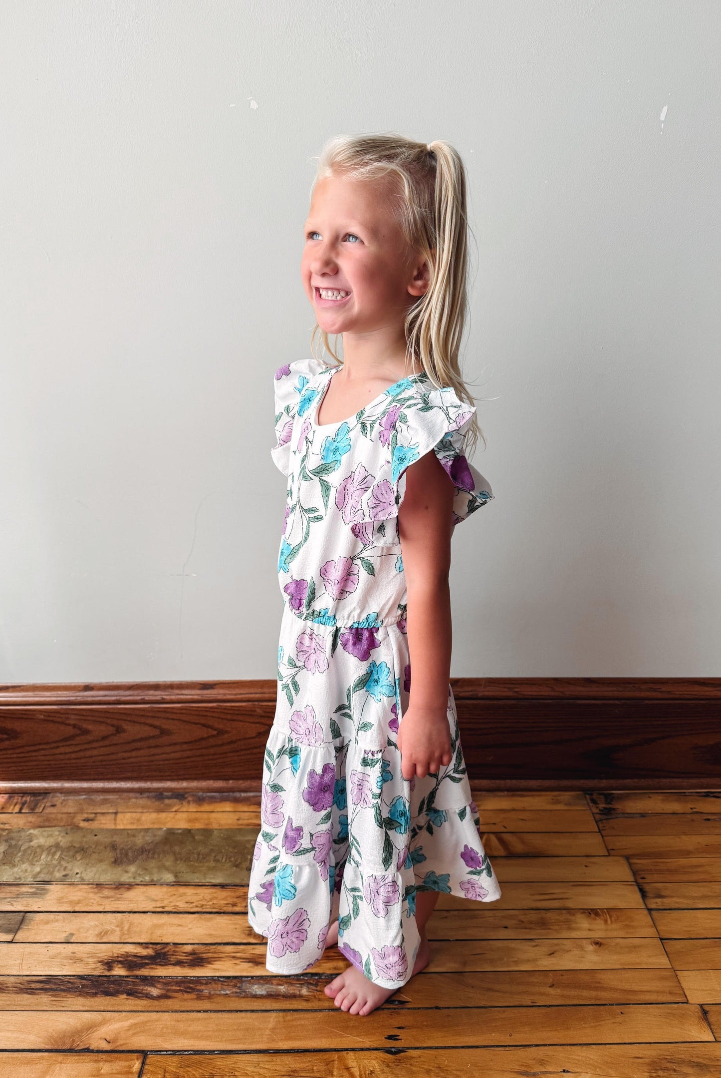 Girls Lavender Floral Print Ruffle Dress