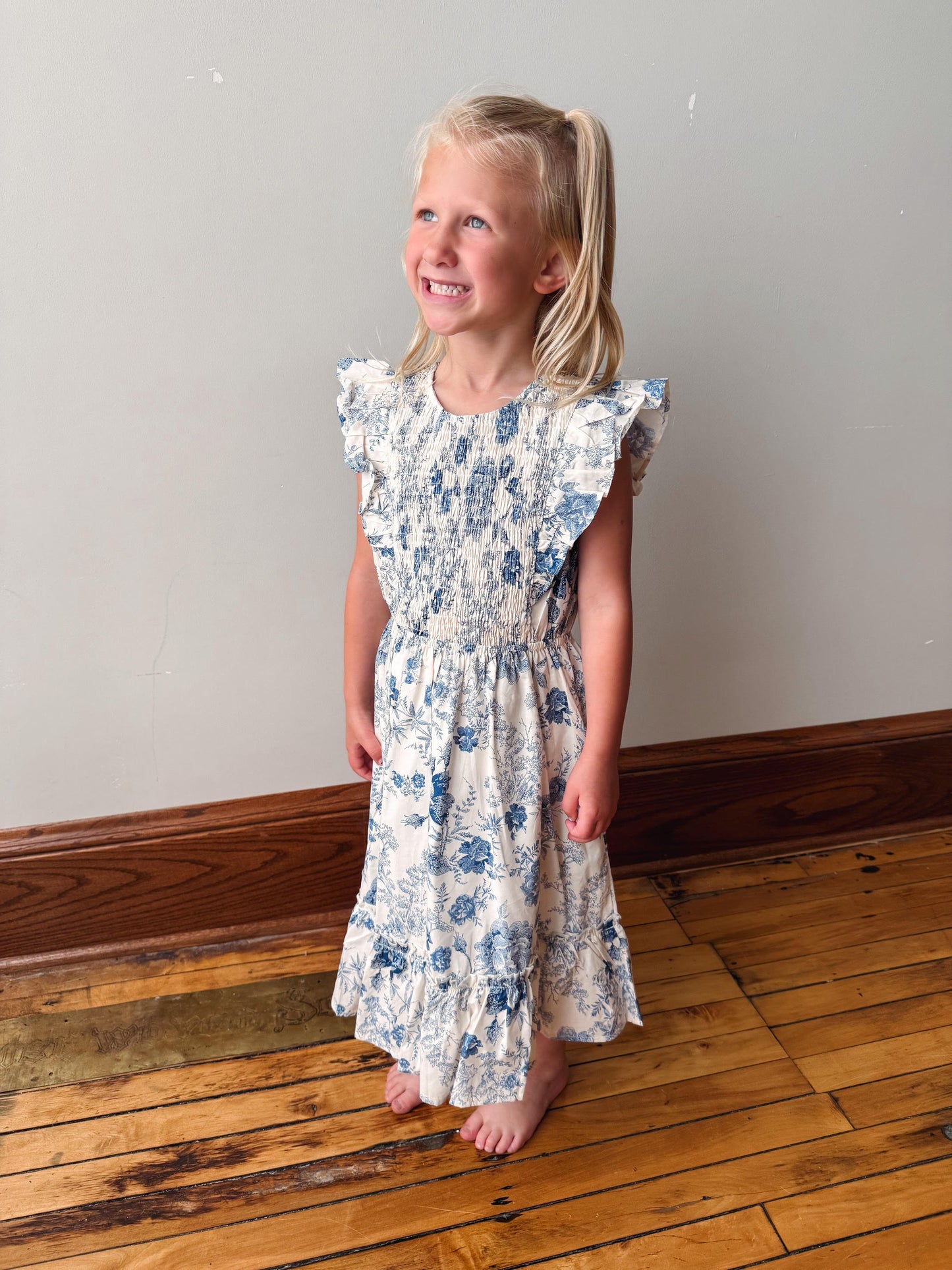 Girls Blue Floral Ruffle Dress