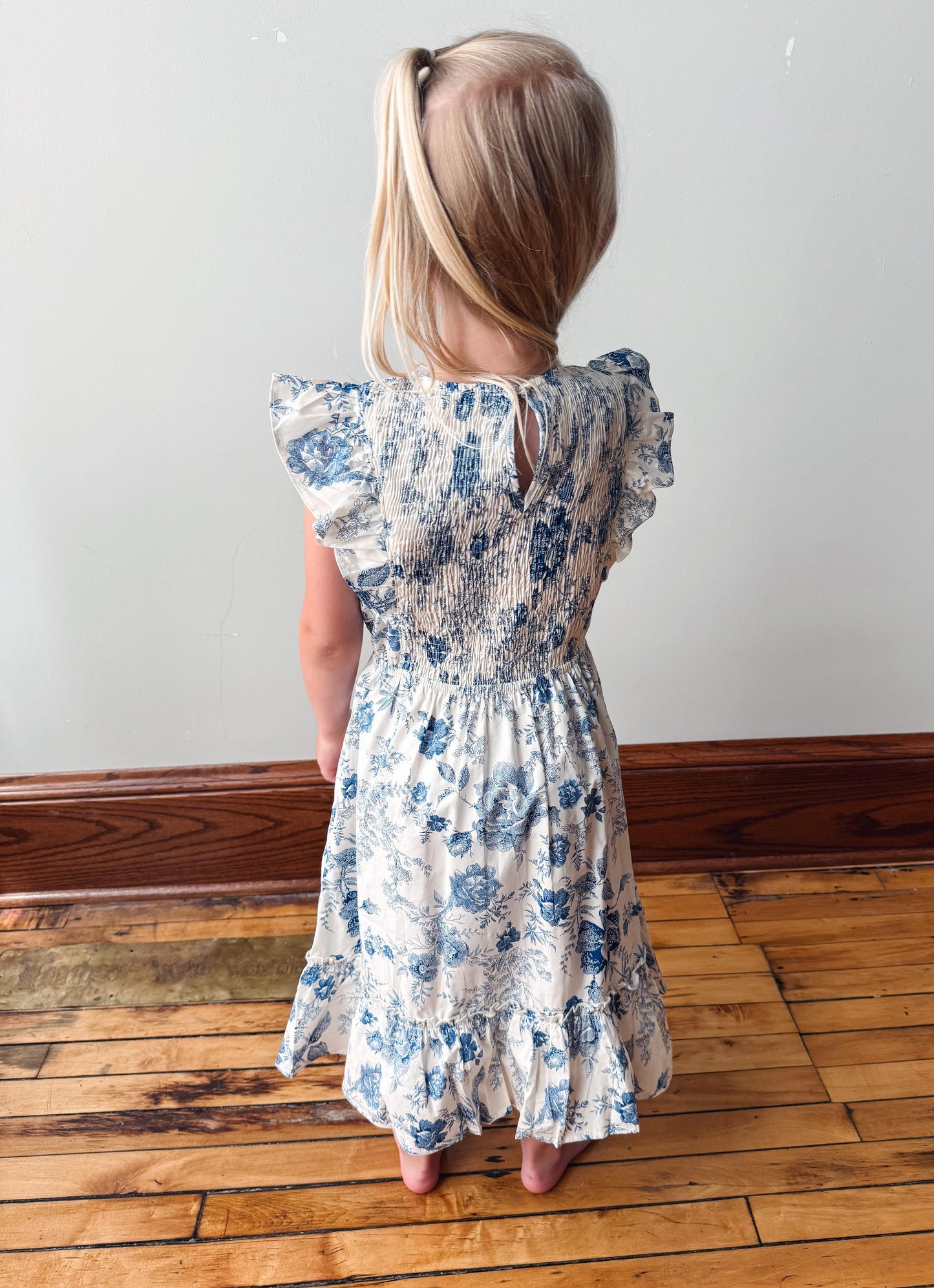 Girls Blue Floral Ruffle Dress