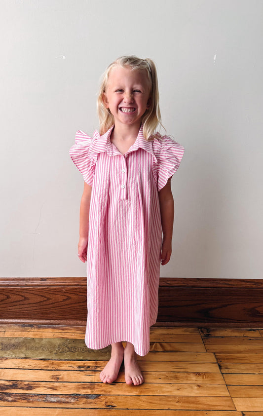 Girls Pink Button Collared Pleated Pinstripe Dress