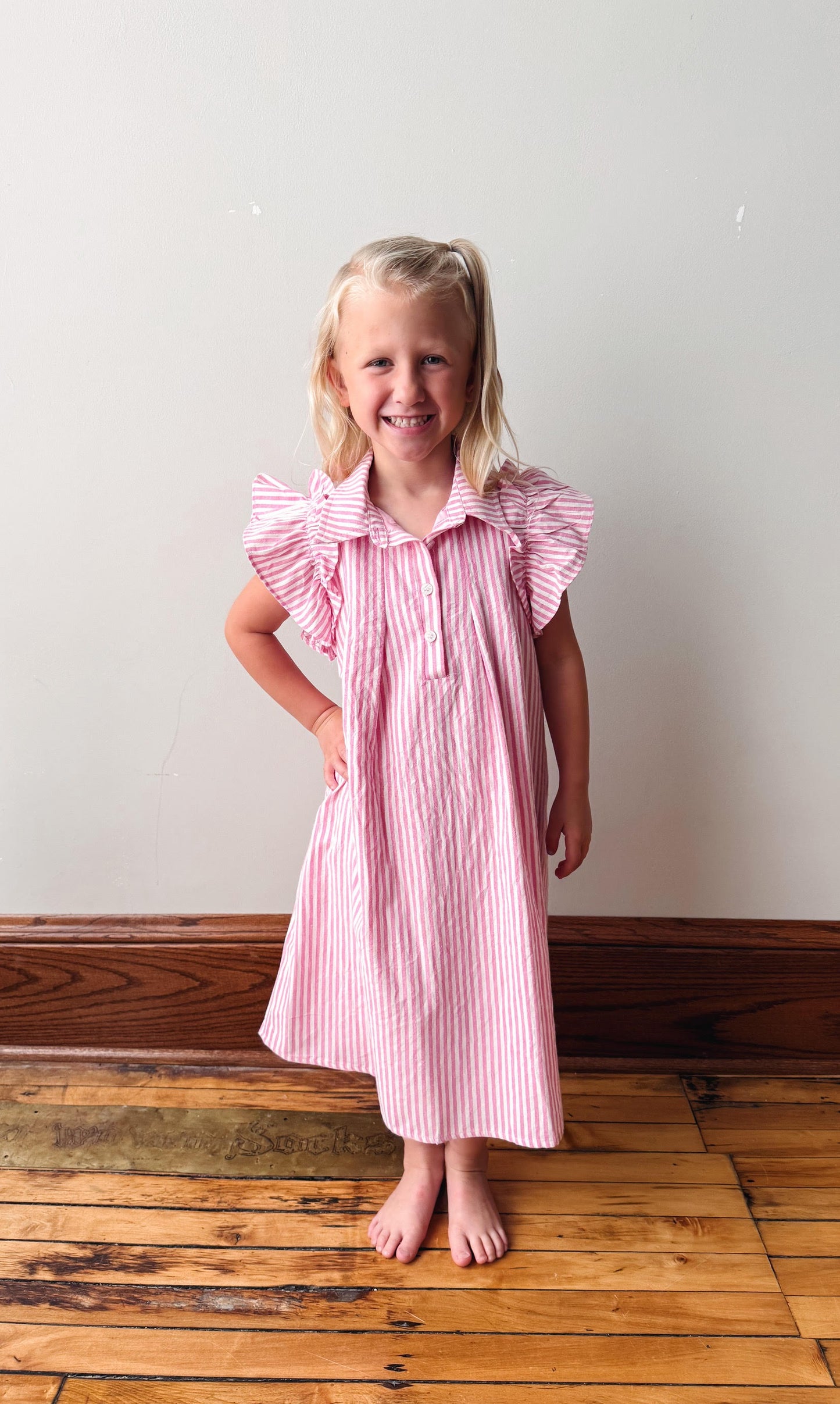 Girls Pink Button Collared Pleated Pinstripe Dress
