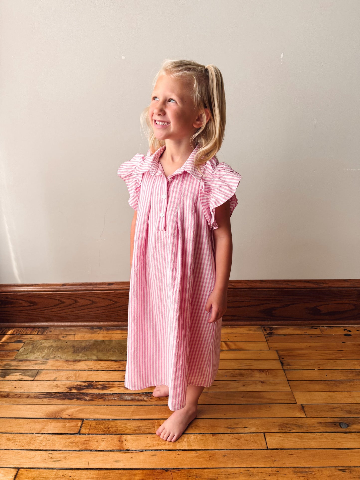 Girls Pink Button Collared Pleated Pinstripe Dress