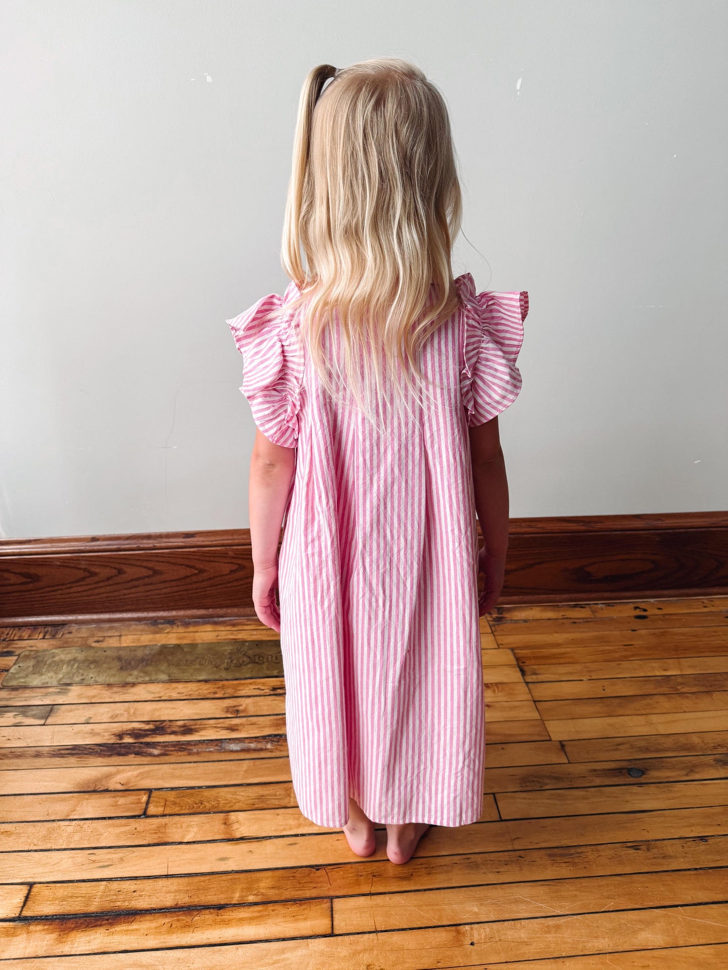 Girls Pink Button Collared Pleated Pinstripe Dress