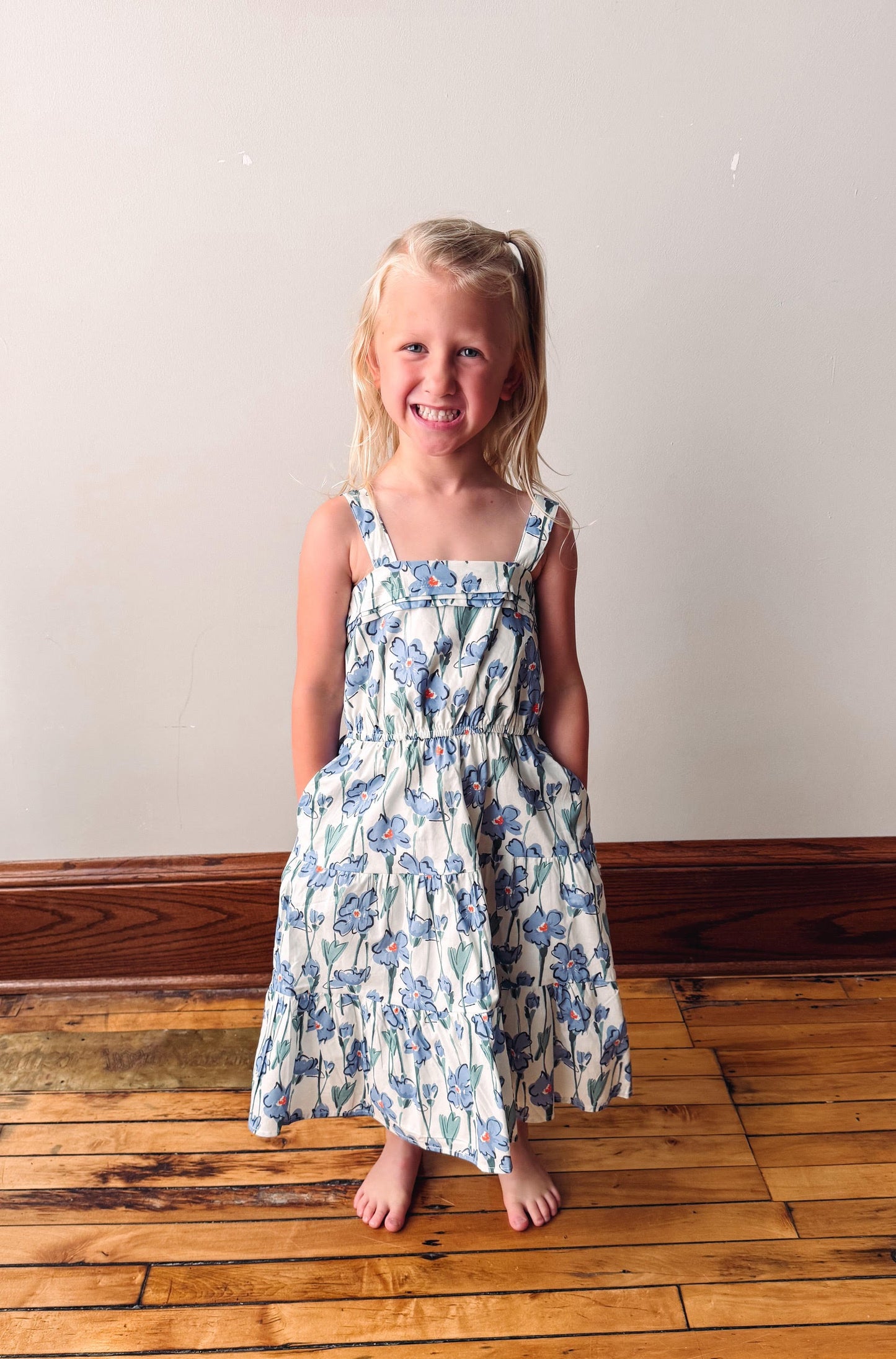 Girls Blue Floral Poplin Dress