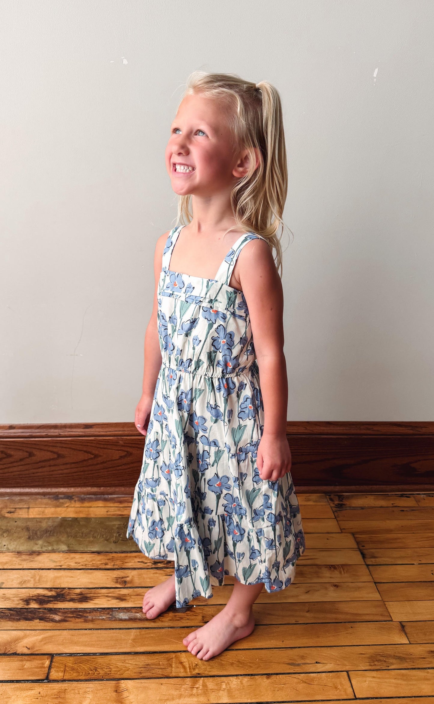 Girls Blue Floral Poplin Dress