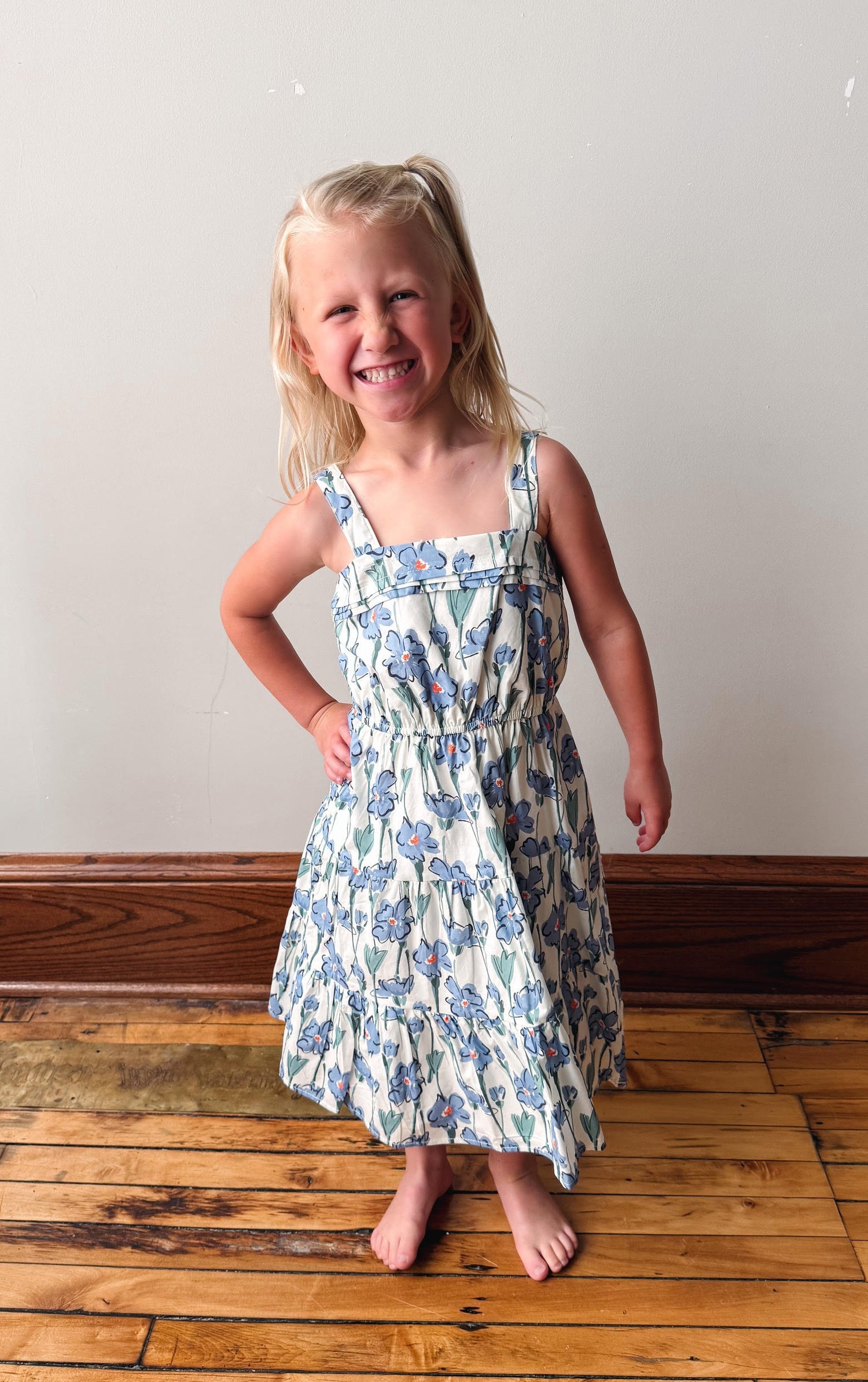 Girls Blue Floral Poplin Dress Small