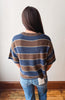 A woman viewed from behind wearing a short-sleeve knit sweater with horizontal stripes in navy blue, brown, and cream, paired with blue jeans, standing against a plain off-white wall.
