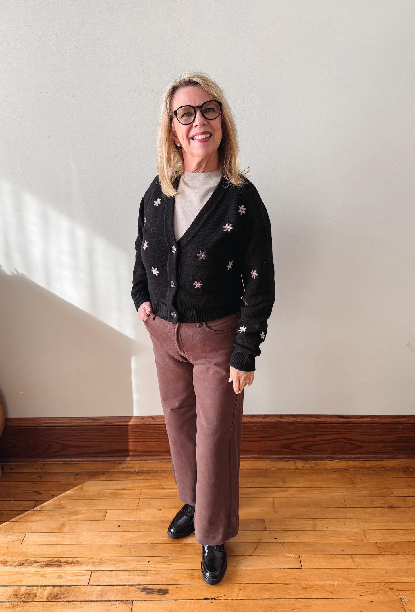 Kara Black Embroidered Flower Cardigan