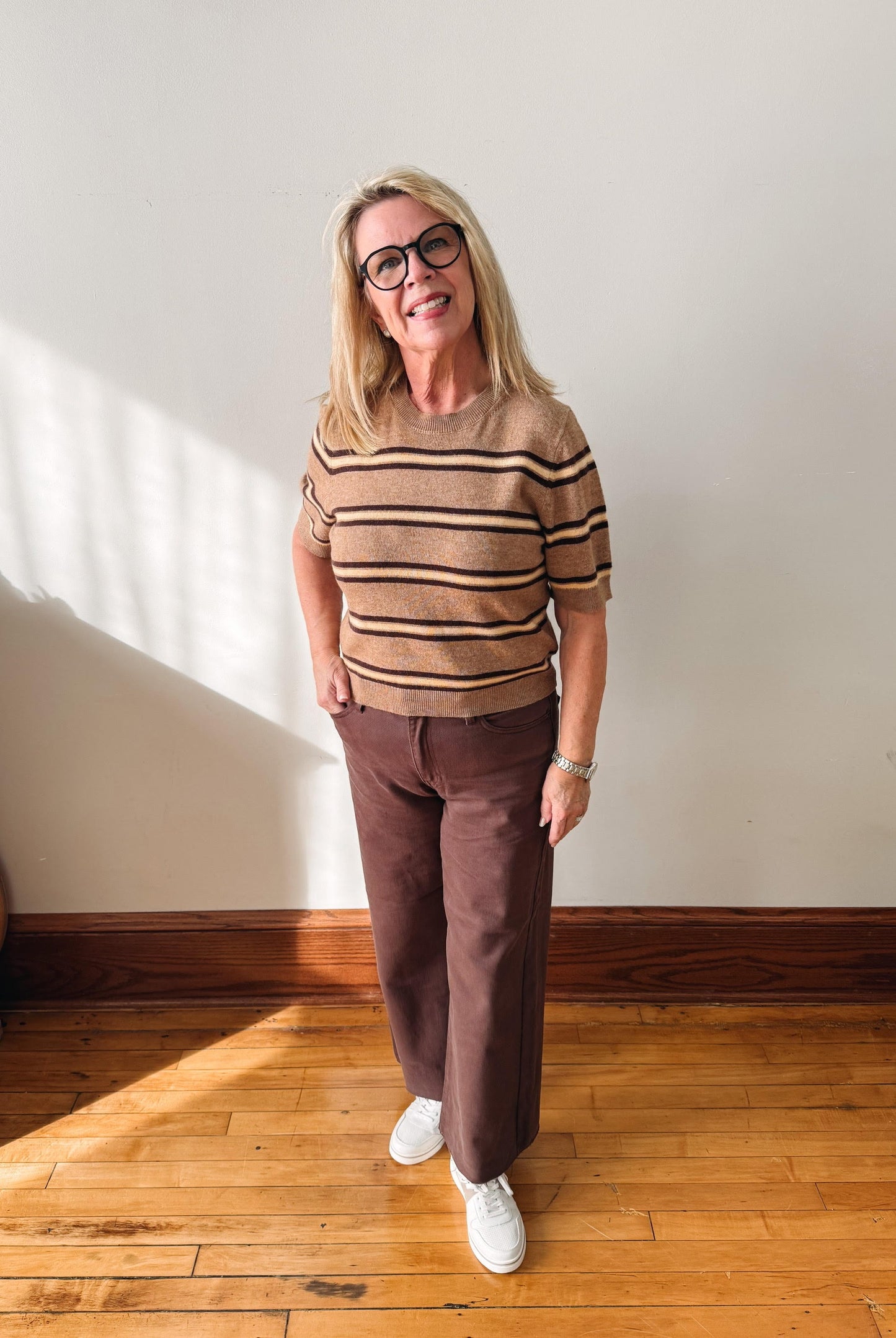 Latte Striped Short Sleeve Sweater