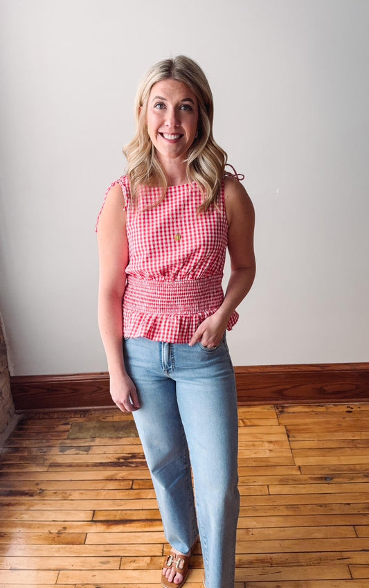 Sunday White + Red Gingham Top