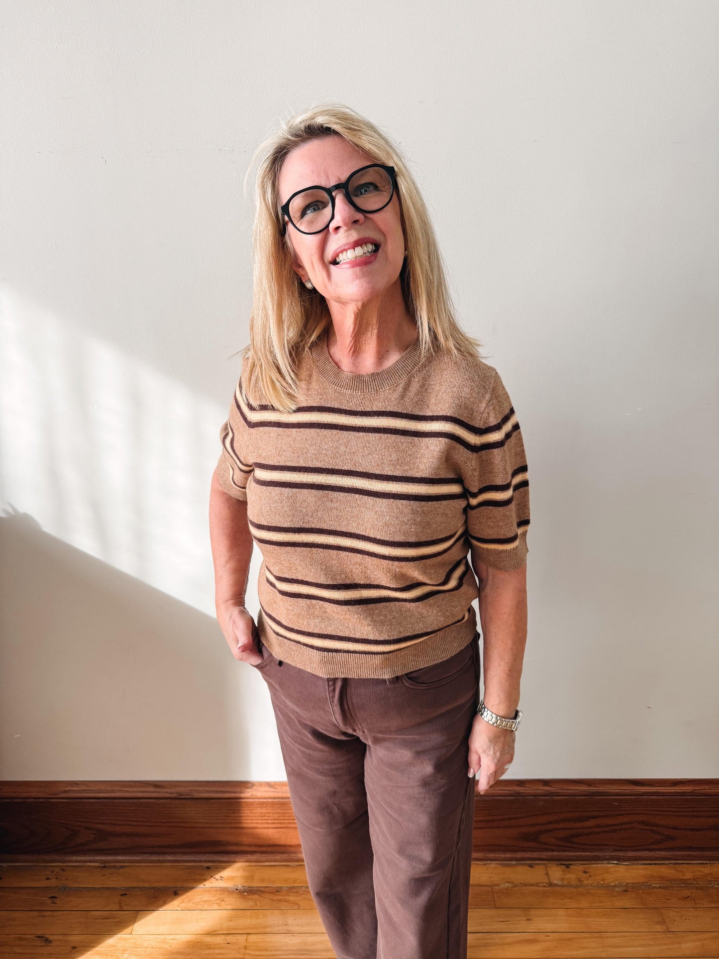Latte Striped Short Sleeve Sweater