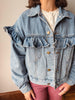 A person wearing a light-wash blue denim jacket with dramatic ruffle details across the chest and shoulders, layered over a cream top and paired with dusty rose pants.