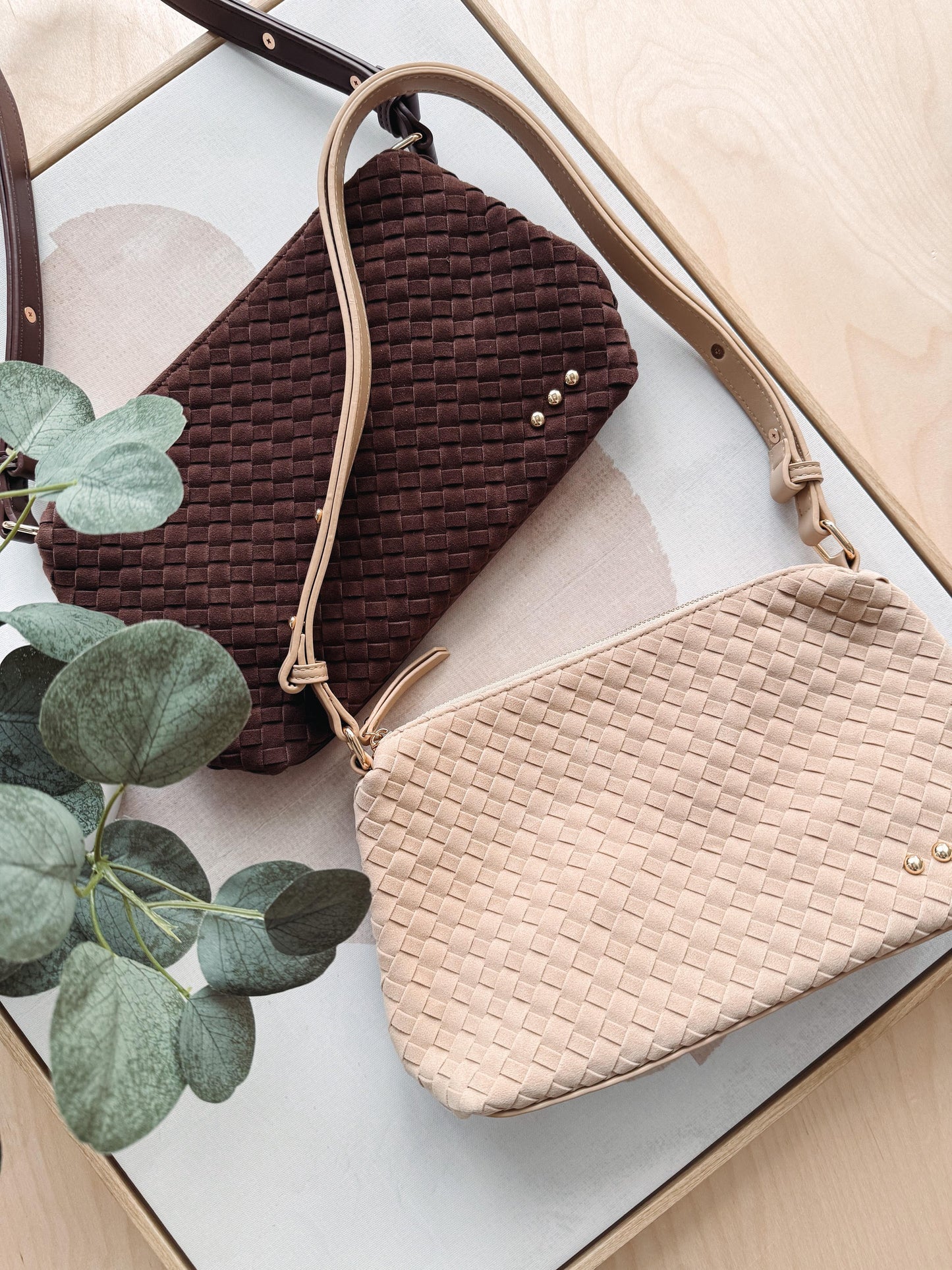 Two woven handbags, one brown and one beige, on a light surface with a plant.