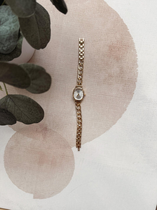 A gold-tone watch with a round silver-toned dial and matching link bracelet, displayed on a textured white surface with soft pink circular shapes and dark green leaves in the corner.