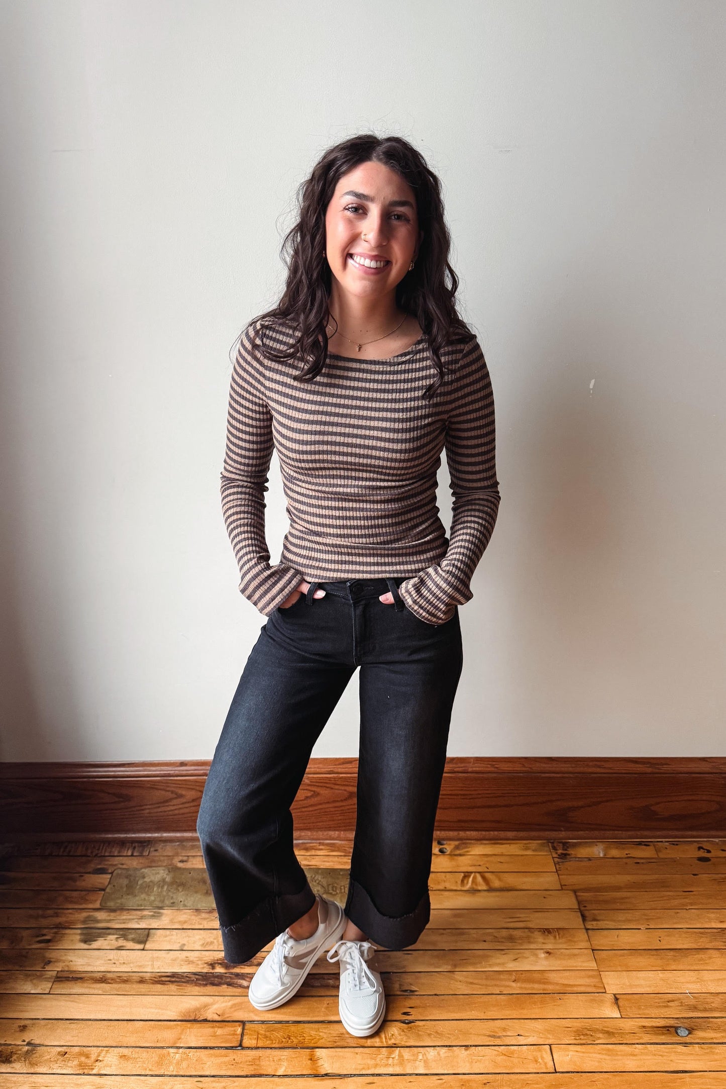 Madi Taupe + Charcoal Striped Top