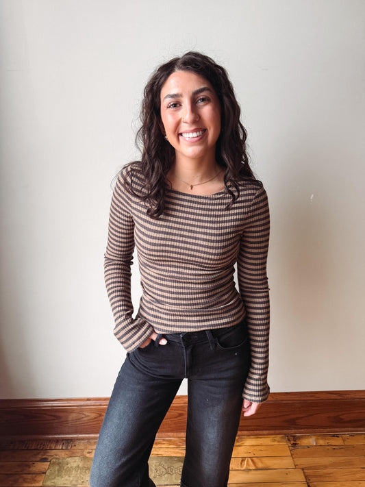 Madi Taupe + Charcoal Striped Top