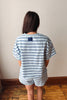 A person viewed from behind wearing a light blue and navy blue horizontally striped short-sleeve t-shirt and matching shorts, standing on a wooden floor against a plain beige wall.