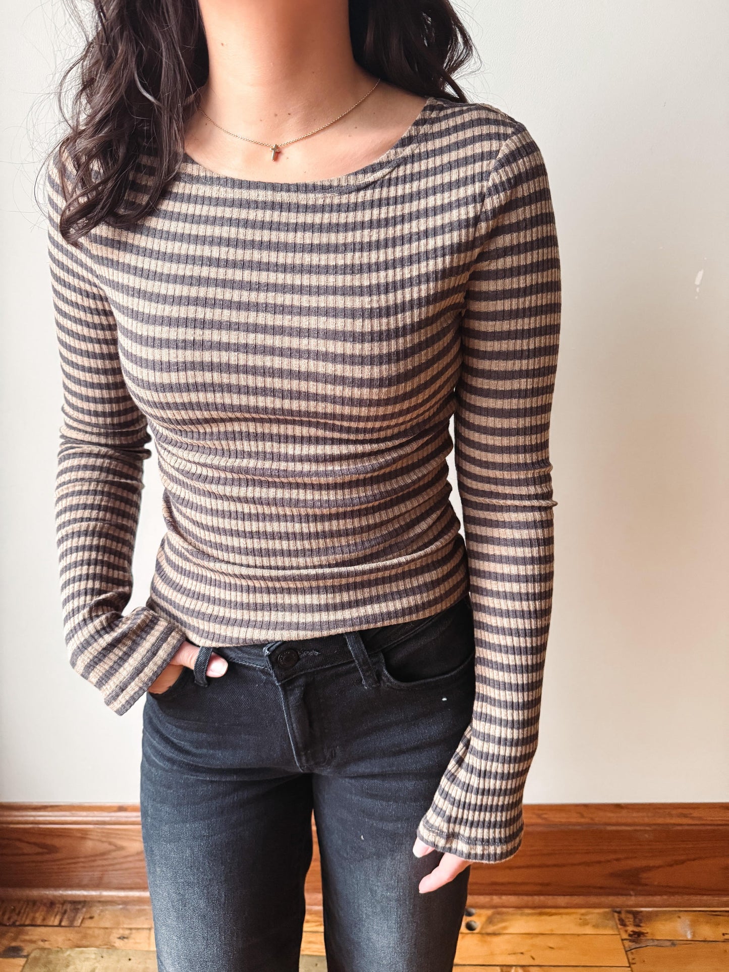 Madi Taupe + Charcoal Striped Top