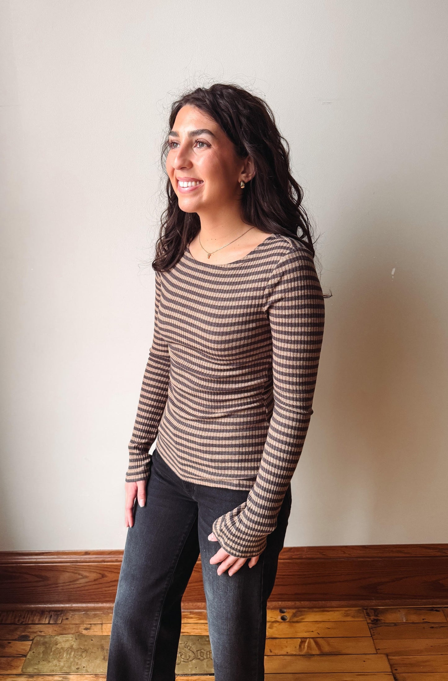 Madi Taupe + Charcoal Striped Top
