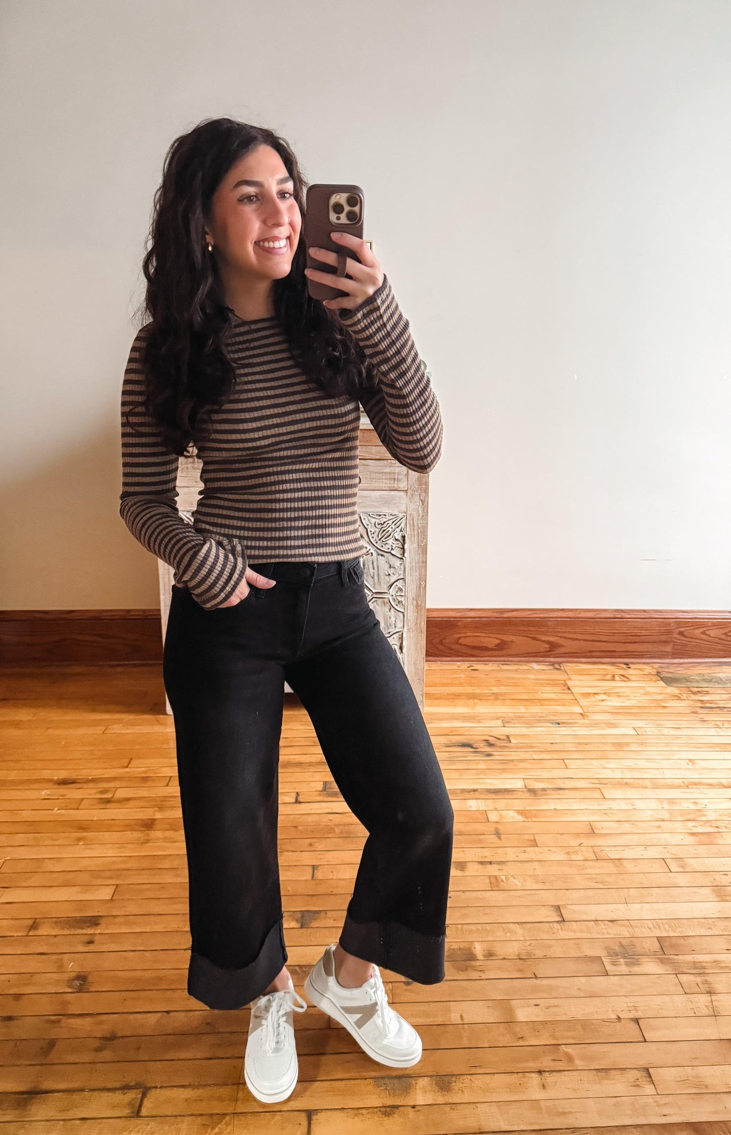 Madi Taupe + Charcoal Striped Top