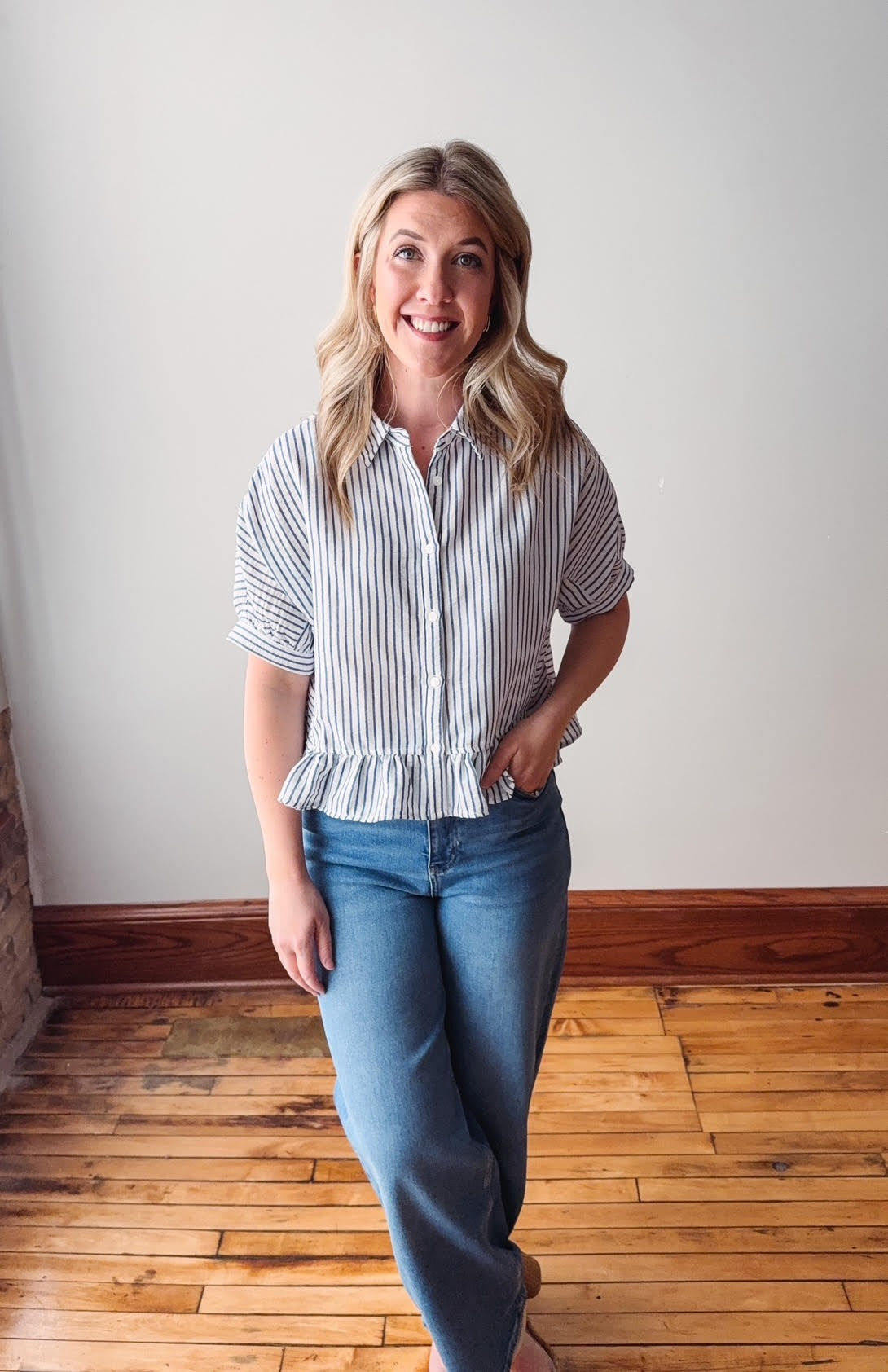 Monroe Navy Striped Ruffle Top