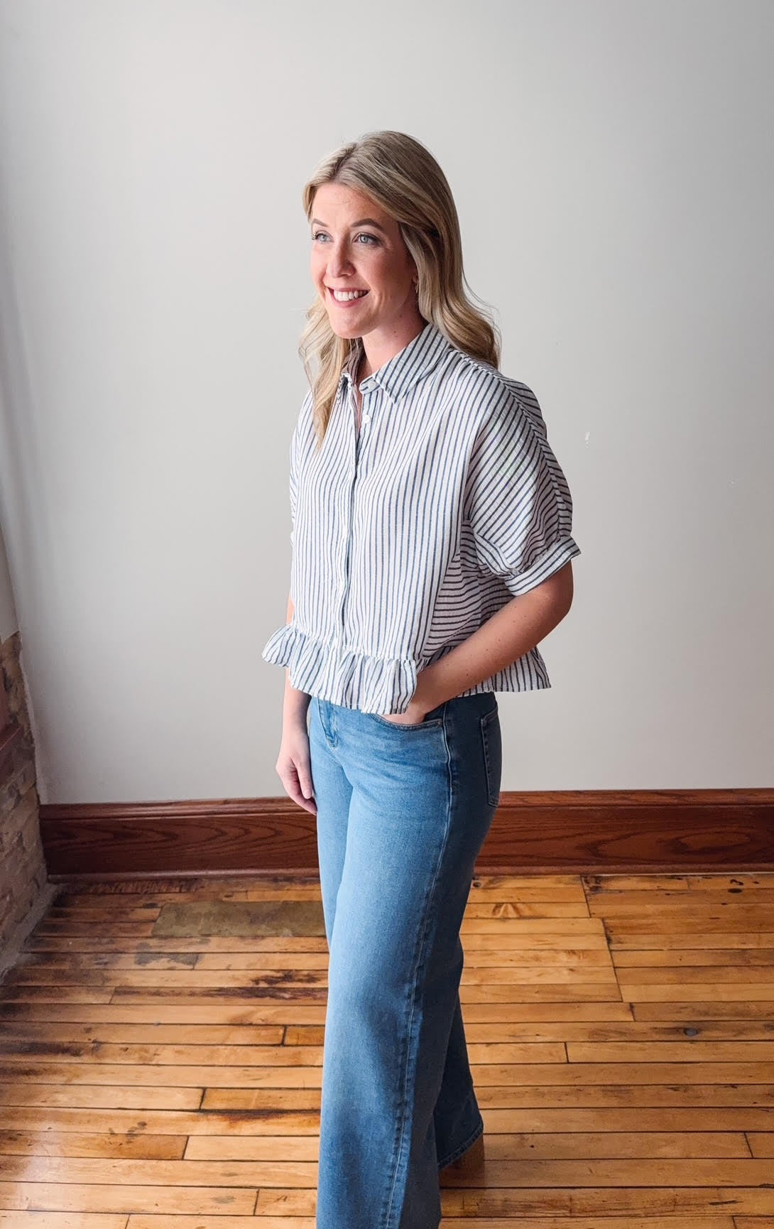 Monroe Navy Striped Ruffle Top