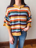 A person wearing a colorful striped knit cardigan sweater with mustard yellow trim, paired with blue jeans, standing indoors against a plain wall.