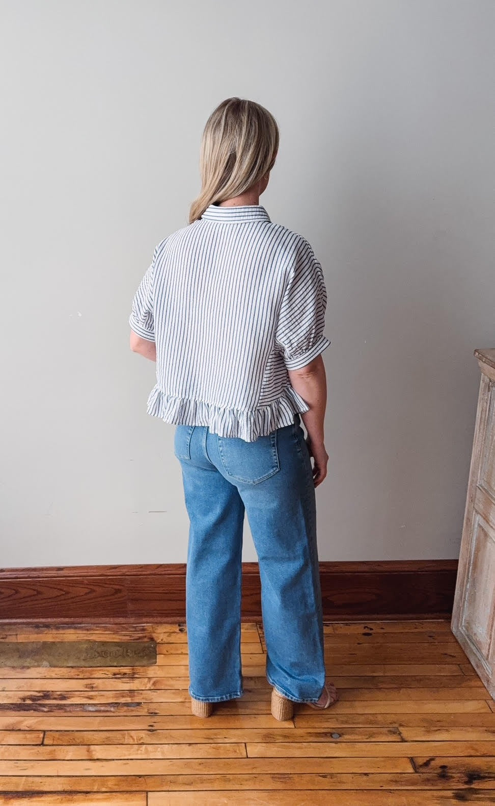 Monroe Navy Striped Ruffle Top
