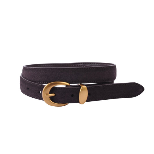 A black suede belt with a polished gold-tone oval buckle and a matching round gold-tone tip, shown on a plain white background.
