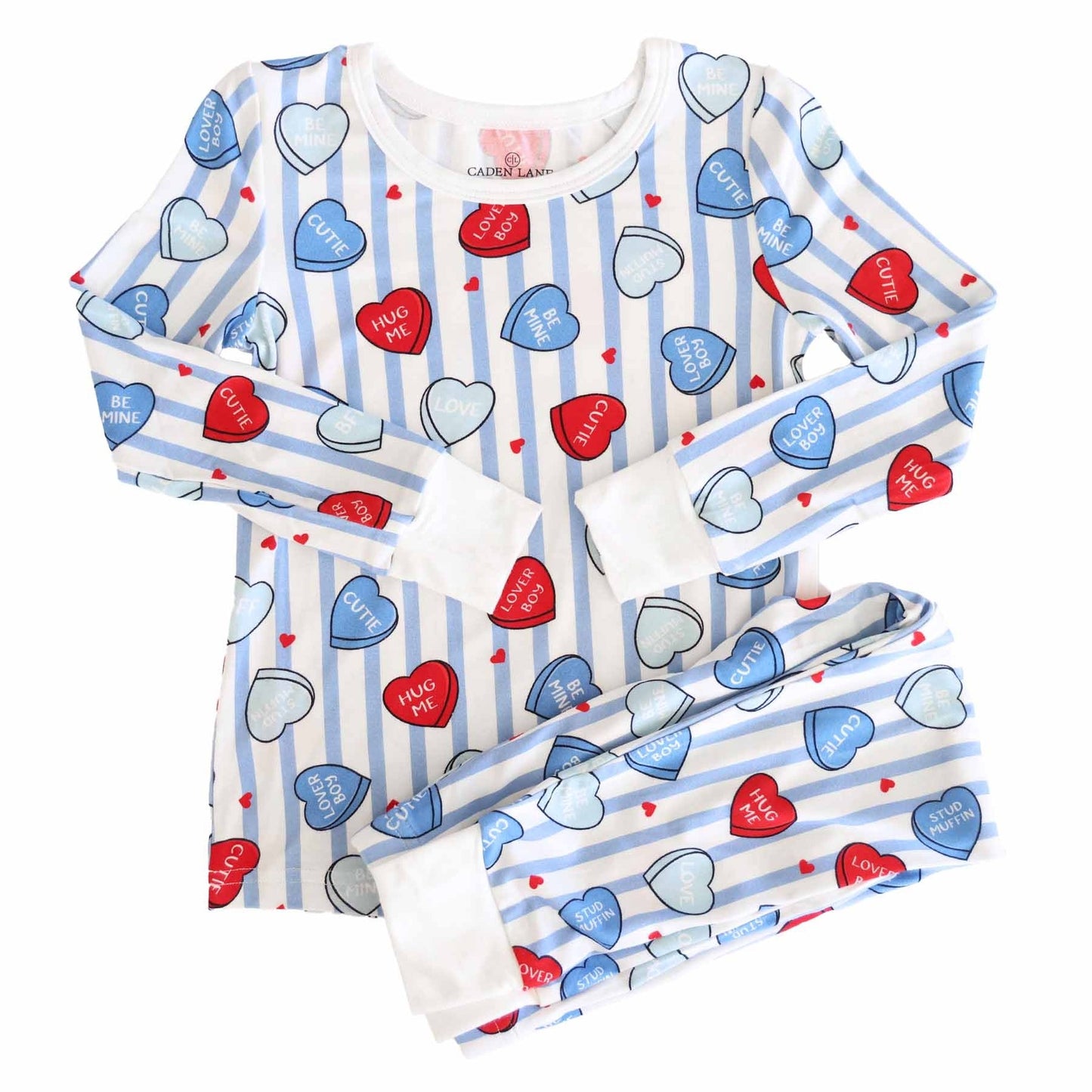 Children's pajama set with heart and stripe pattern on a white background