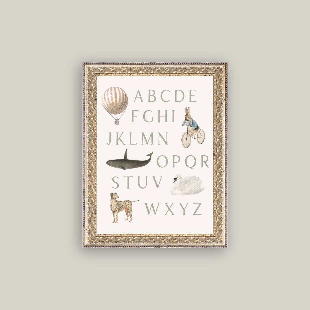 Framed alphabet poster with illustrations on a light gray background