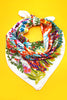 Colorful floral-patterned bandana on a yellow background