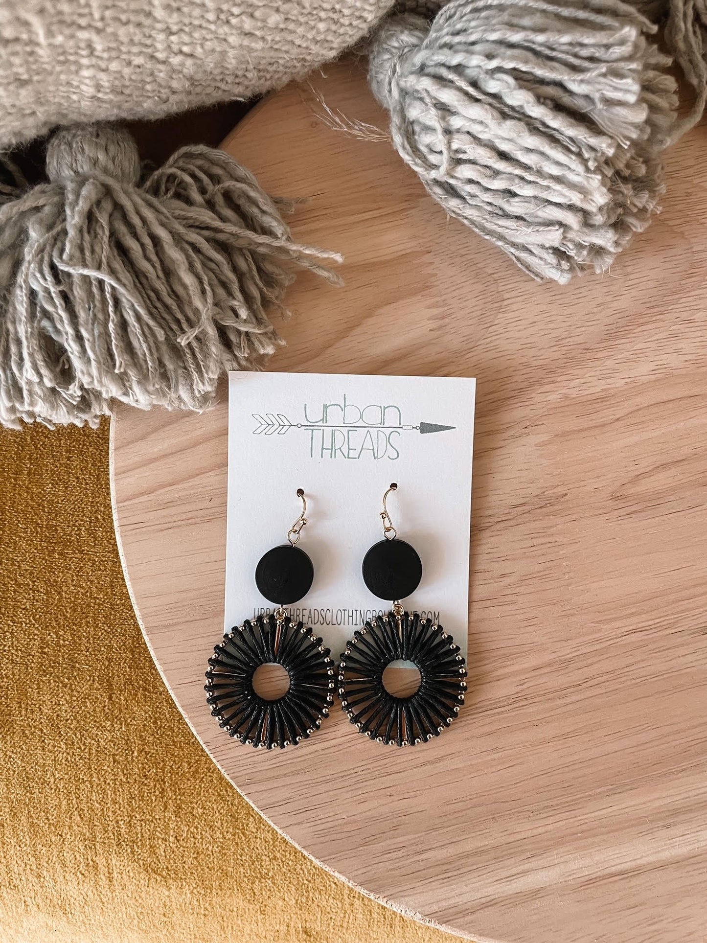 Black Round Wood Earrings