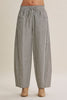 Gray vertically striped wide-leg pants with an elastic drawstring waist, modeled on a mannequin against a plain beige studio background.