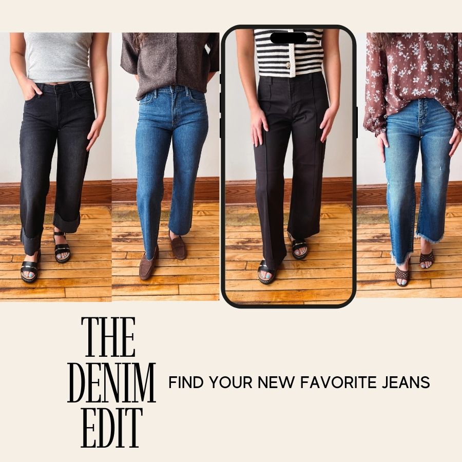 Women's blue and black denim jeans in straight leg and wide cuffed styles.