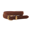 Brown leather belt with a gold buckle on a white background