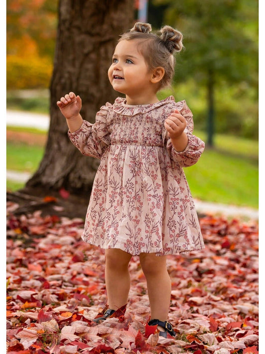 Autumn Floral Tan Long Sleeve Dress