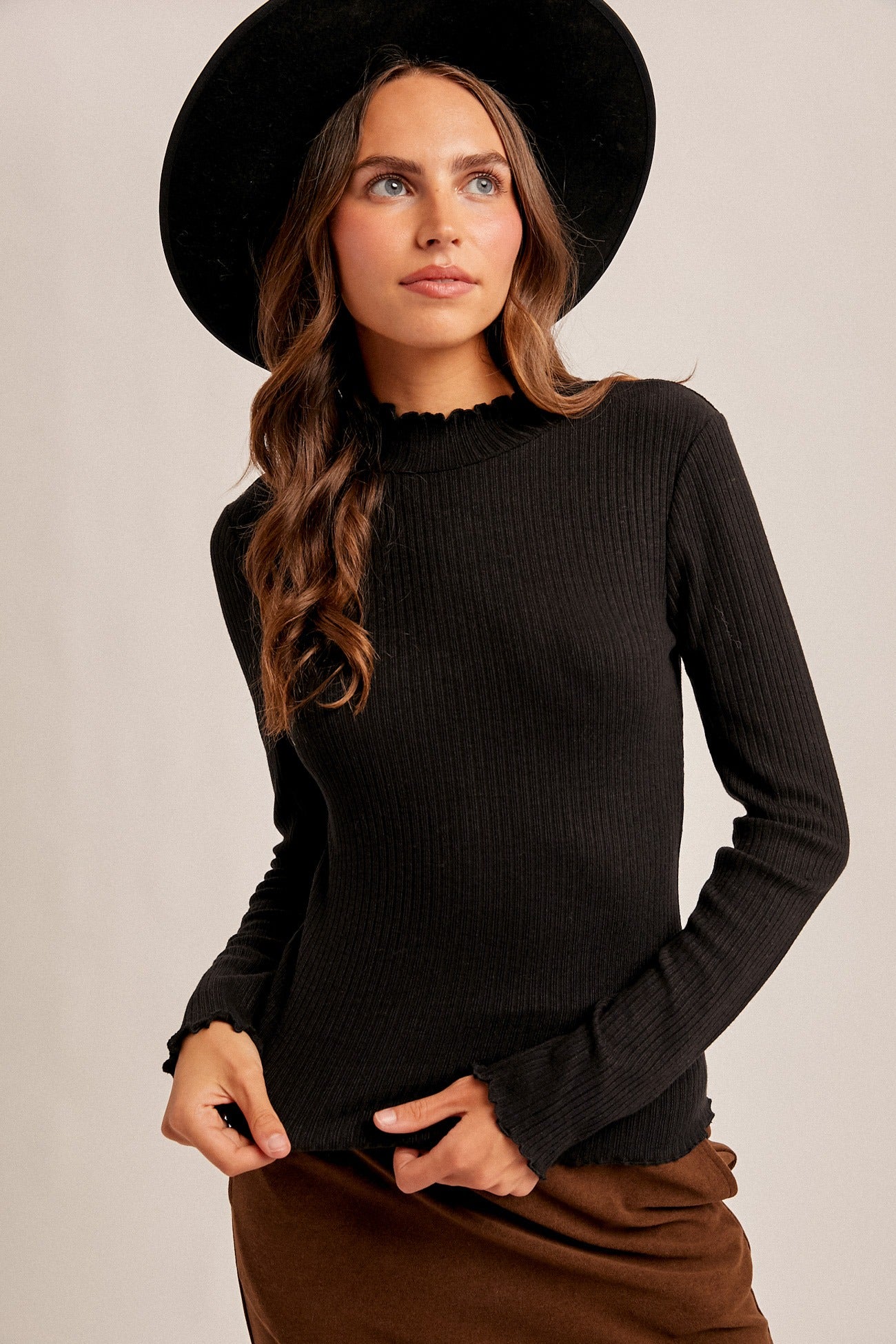 Black Mock Neck Ribbed Top