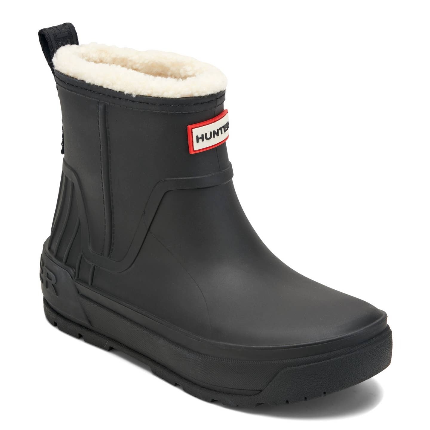 A single black Hunter rain boot with a cream-colored fleece lining and the signature red and white Hunter logo patch on the side, shown against a plain white background.