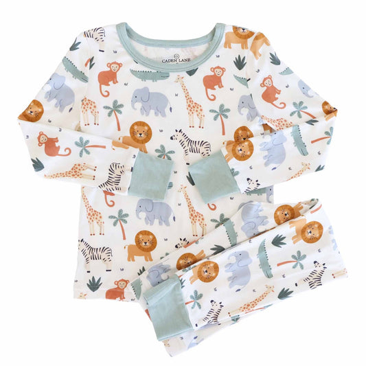 Children's pajama set with animal pattern on a white background