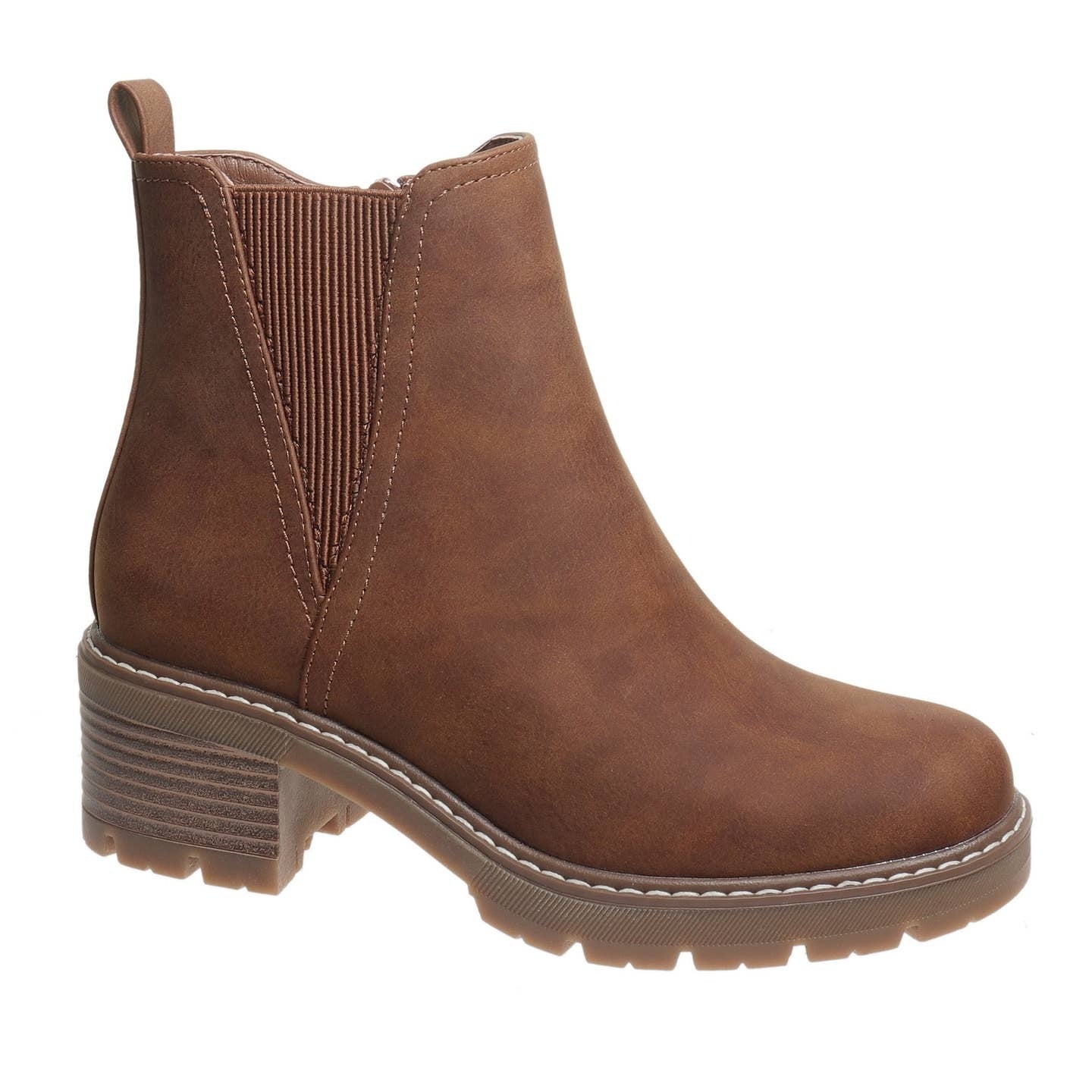 A brown faux-leather ankle boot with a ribbed elastic side panel, a low block heel, and a chunky lug sole, shown from a side profile on a white background.