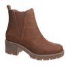 A brown faux-leather ankle boot with a ribbed elastic side panel, a low block heel, and a chunky lug sole, shown from a side profile on a white background.